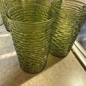 Set of 6 Green Textured MCM Glasses, Anchor Hocking, Vintage, like new!